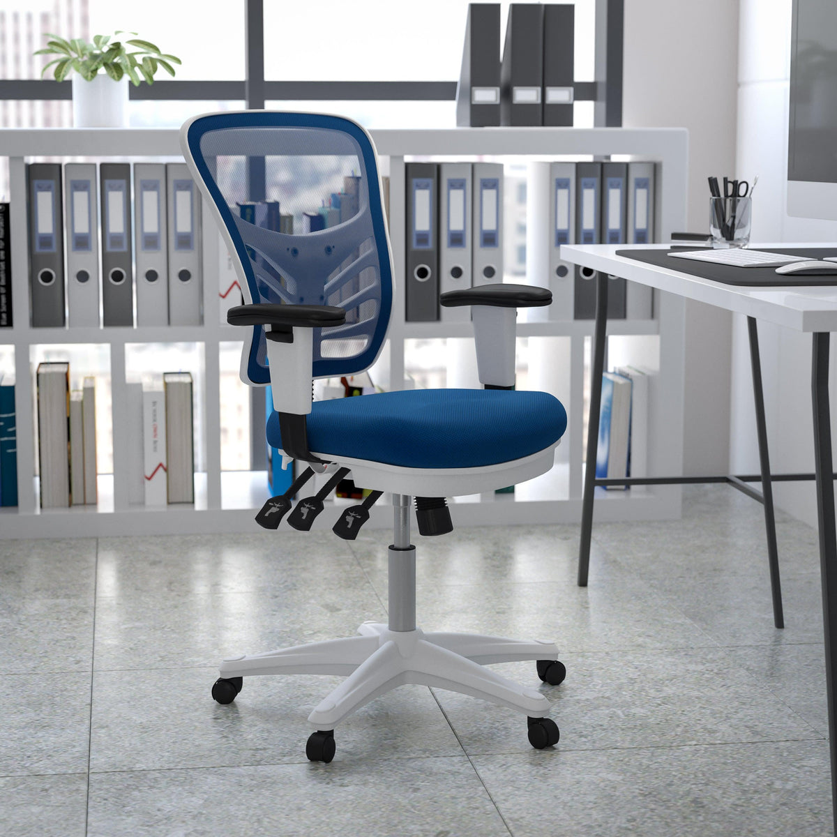 Blue Mesh/White Frame |#| Mid-Back Blue Mesh/White FrameMultifunction Ergonomic Office Chair with Arms