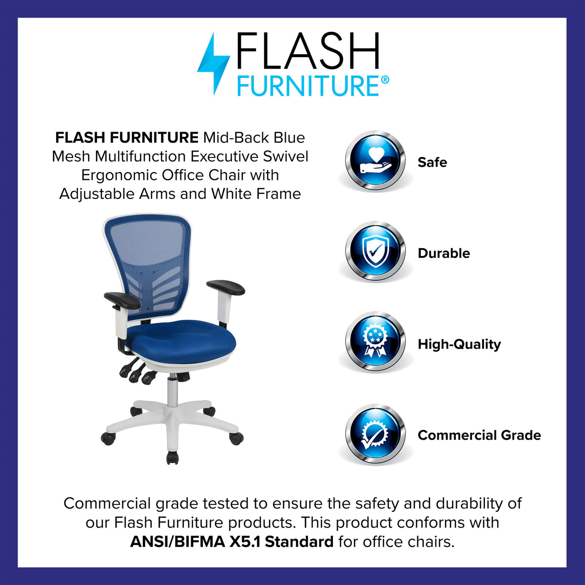 Blue Mesh/White Frame |#| Mid-Back Blue Mesh/White FrameMultifunction Ergonomic Office Chair with Arms