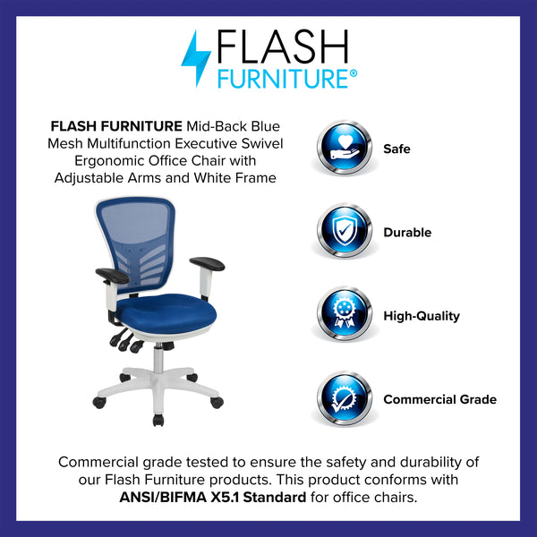 Blue Mesh/White Frame |#| Mid-Back Blue Mesh/White FrameMultifunction Ergonomic Office Chair with Arms