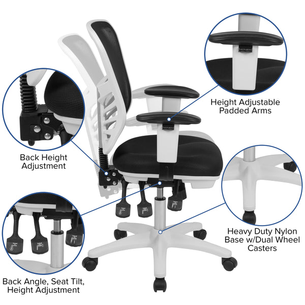 Black Mesh/White Frame |#| Mid-Back Black Mesh/White FrameMultifunction Ergonomic Office Chair with Arms