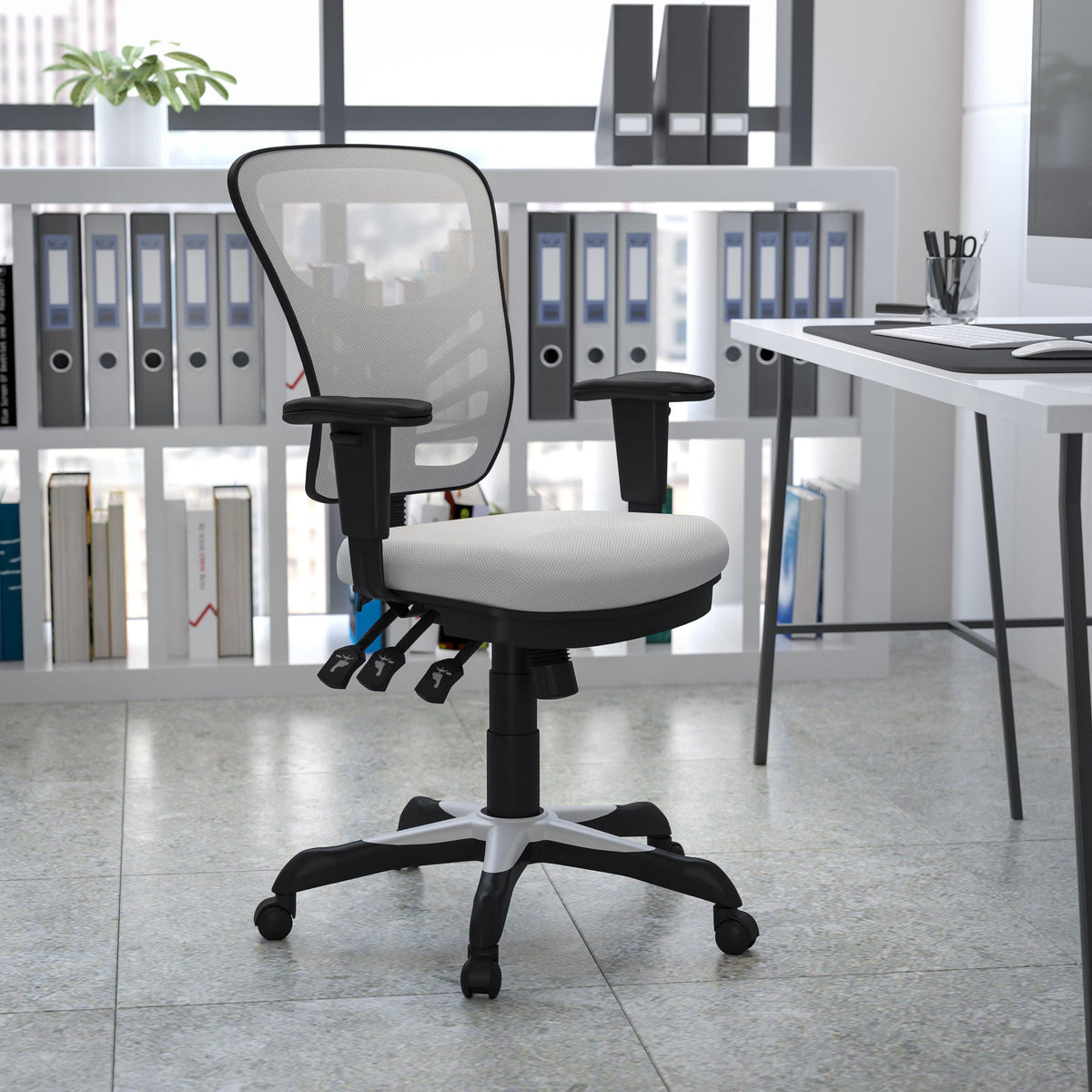 White/Black Frame |#| Mid-Back White Mesh Multifunction Ergonomic Office Chair with Adjustable Arms