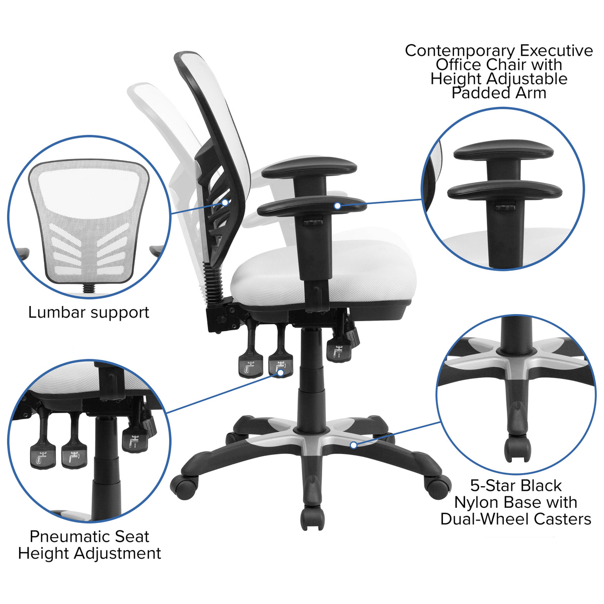 White/Black Frame |#| Mid-Back White Mesh Multifunction Ergonomic Office Chair with Adjustable Arms