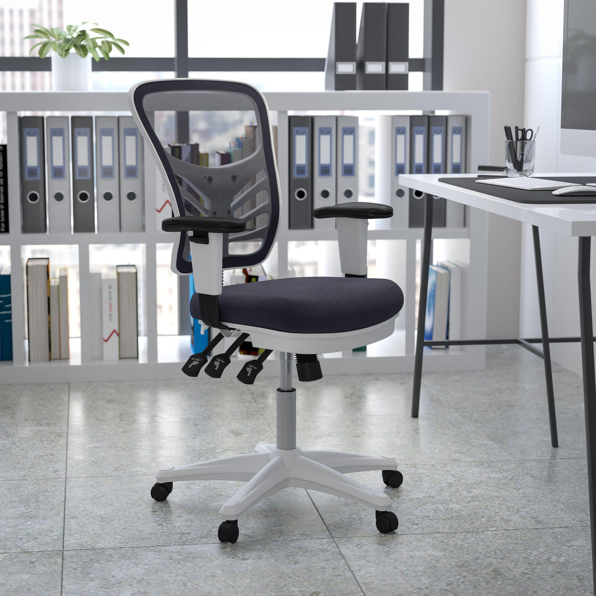 Dark Gray Mesh/White Frame |#| Mid-Back Dark Gray Mesh/White FrameMultifunction Ergonomic Office Chair w/ Arms