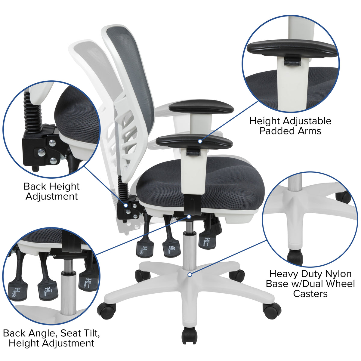 Dark Gray Mesh/White Frame |#| Mid-Back Dark Gray Mesh/White FrameMultifunction Ergonomic Office Chair w/ Arms