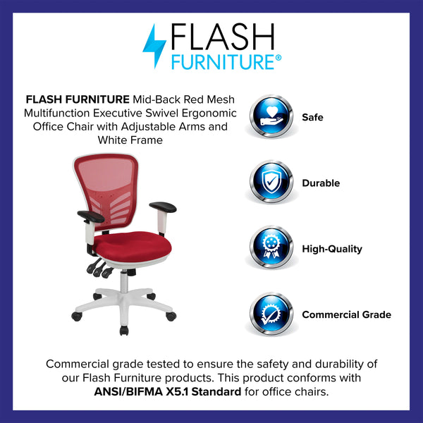 Red Mesh/White Frame |#| Mid-Back Red Mesh/White FrameMultifunction Ergonomic Office Chair with Arms