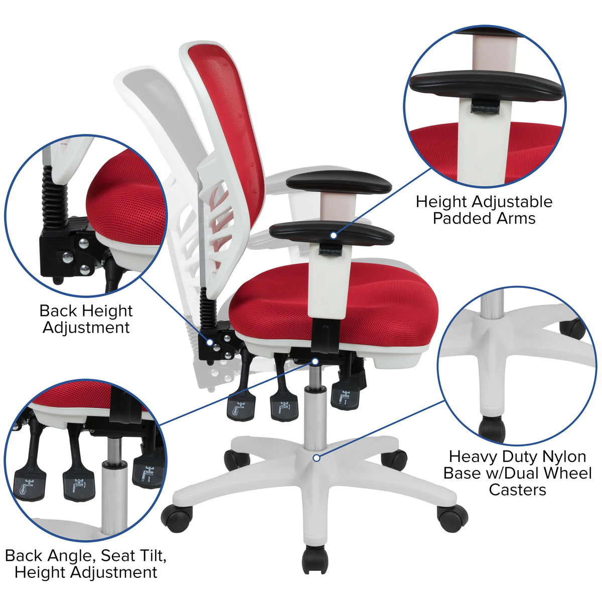 Red Mesh/White Frame |#| Mid-Back Red Mesh/White FrameMultifunction Ergonomic Office Chair with Arms