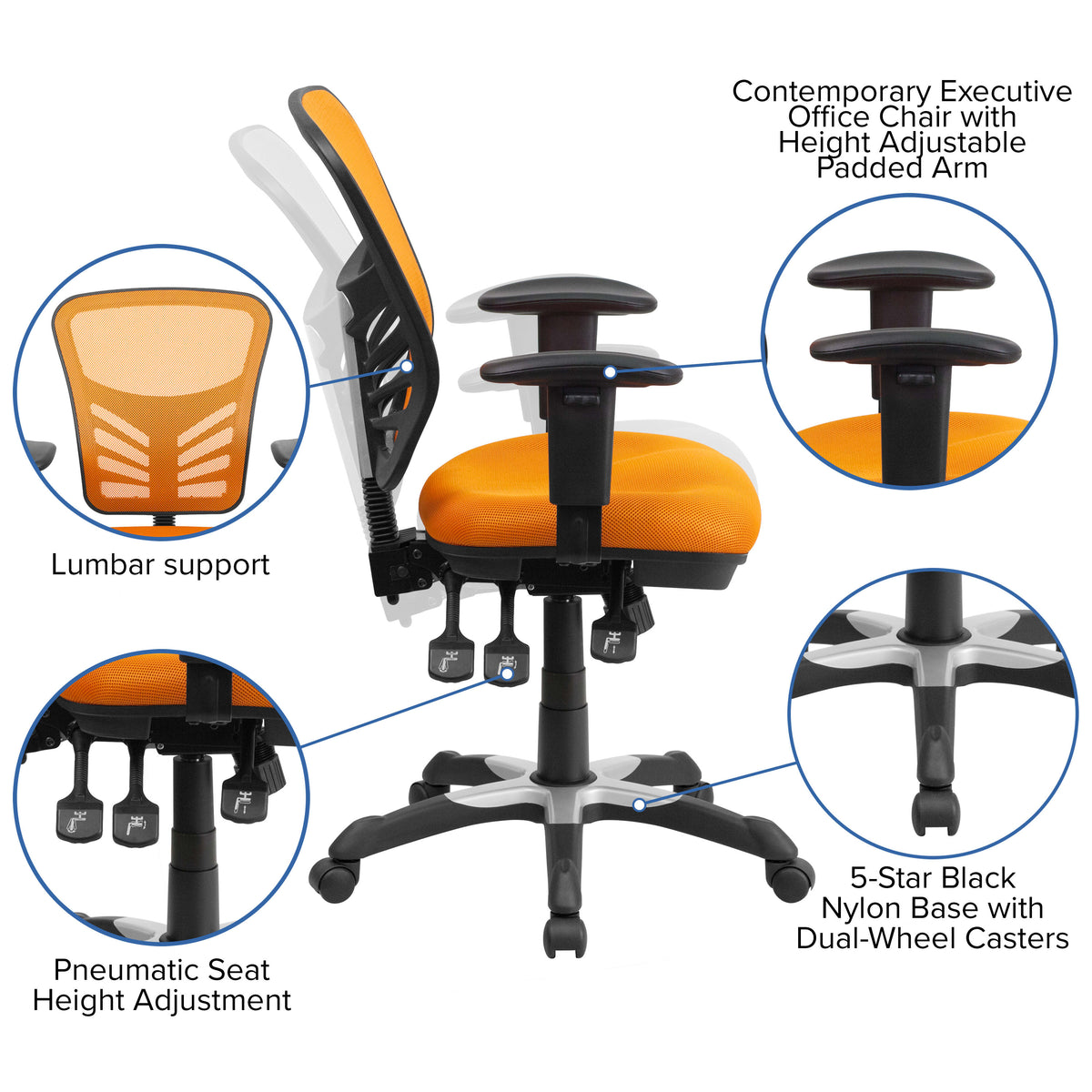 Orange/Black Frame |#| Mid-Back Orange Mesh Multifunction Ergonomic Office Chair with Adjustable Arms