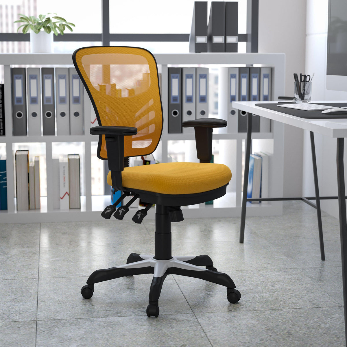 Yellow-Orange/Black Frame |#| Mid-Back Yellow-Orange Mesh Multifunction Ergonomic Office Chair-Adjustable Arms