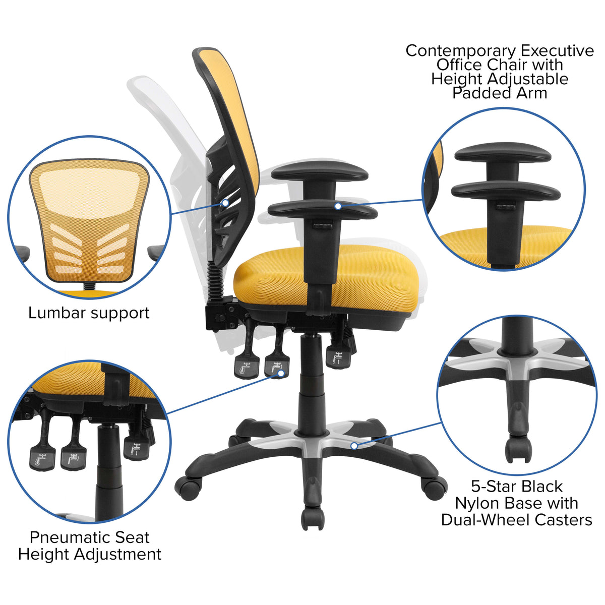 Yellow-Orange/Black Frame |#| Mid-Back Yellow-Orange Mesh Multifunction Ergonomic Office Chair-Adjustable Arms