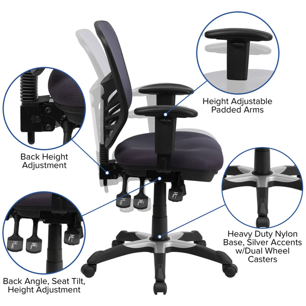 Dark Gray/Black Frame |#| Mid-Back Dk Gray Mesh Multifunction Ergonomic Office Chair with Adjustable Arms