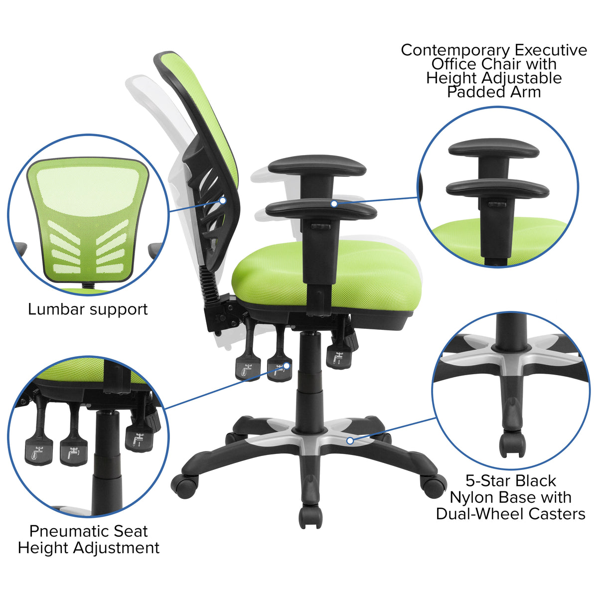 Green/Black Frame |#| Mid-Back Green Mesh Multifunction Ergonomic Office Chair with Adjustable Arms