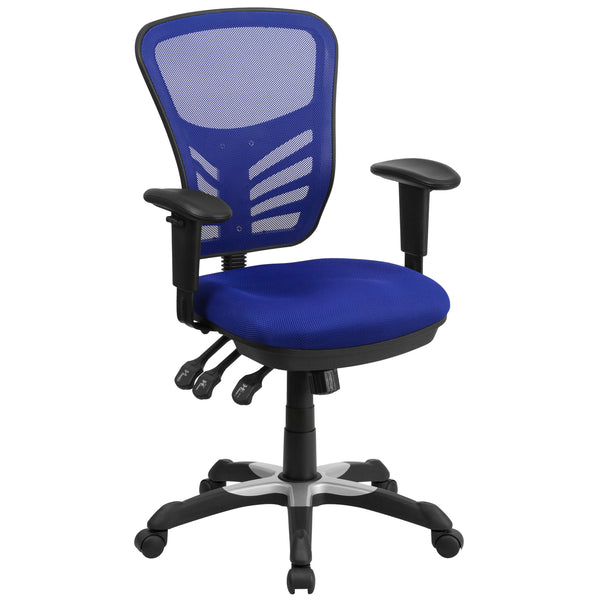 Blue/Black Frame |#| Mid-Back Blue Mesh Multifunction Ergonomic Office Chair with Adjustable Arms