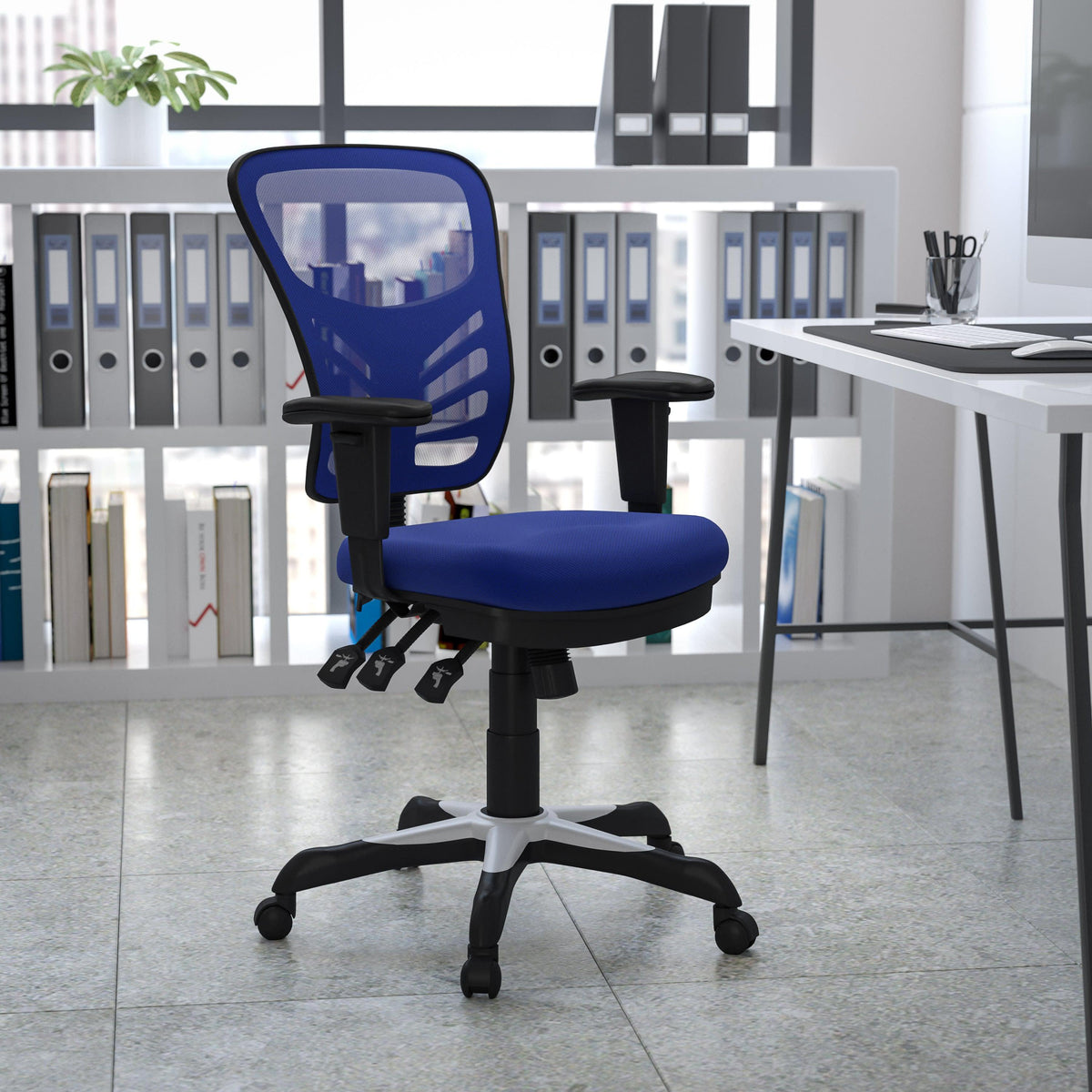 Blue/Black Frame |#| Mid-Back Blue Mesh Multifunction Ergonomic Office Chair with Adjustable Arms