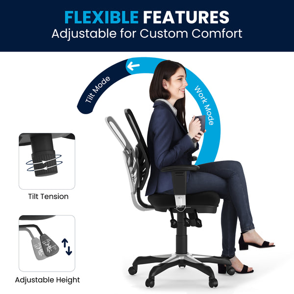 Black/Black Frame |#| Mid-Back Black Mesh Multifunction Ergonomic Office Chair with Adjustable Arms