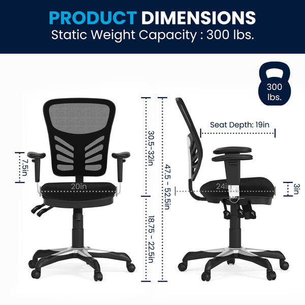Black/Black Frame |#| Mid-Back Black Mesh Multifunction Ergonomic Office Chair with Adjustable Arms