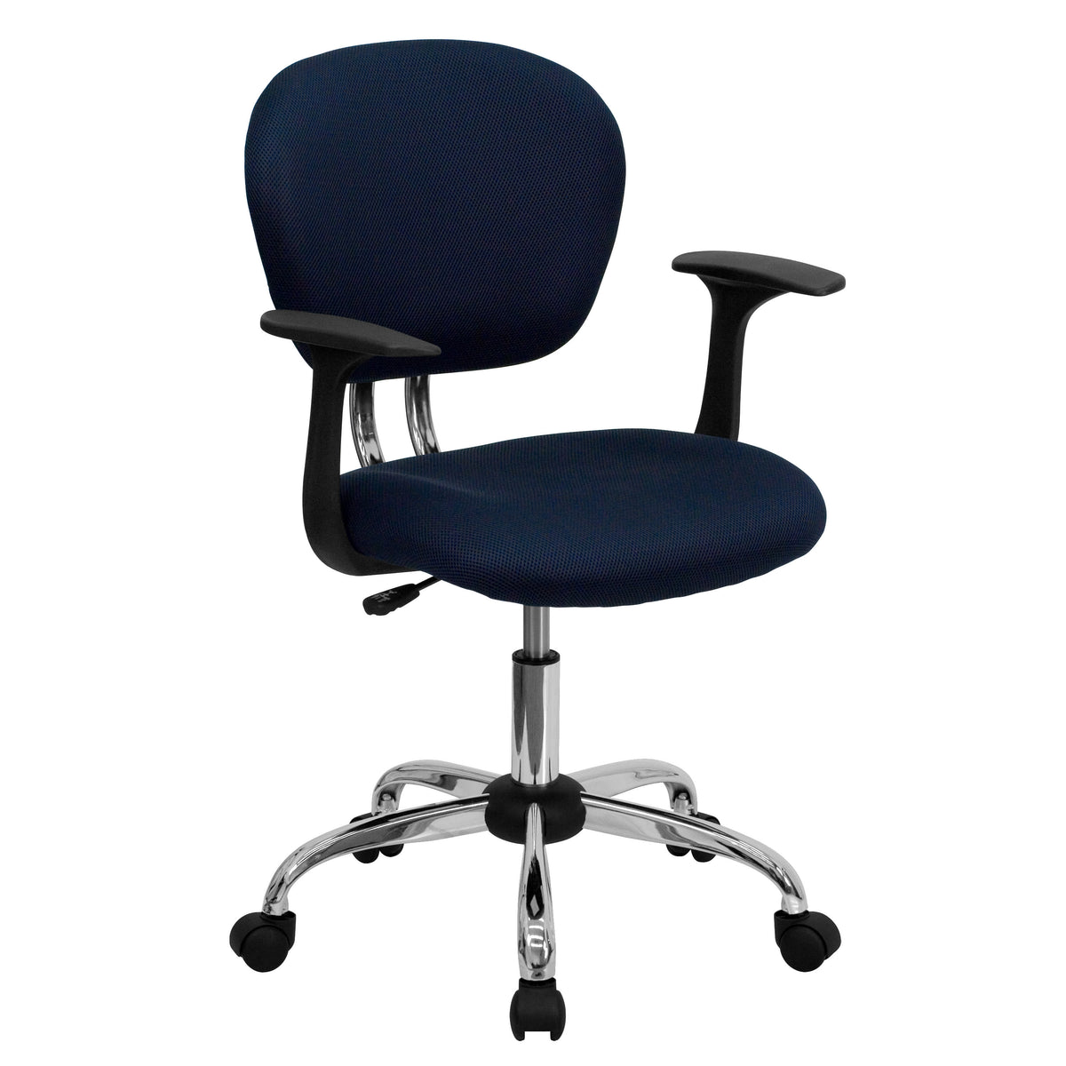 Navy |#| Mid-Back Navy Mesh Padded Swivel Task Office Chair with Chrome Base and Arms