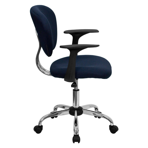 Navy |#| Mid-Back Navy Mesh Padded Swivel Task Office Chair with Chrome Base and Arms