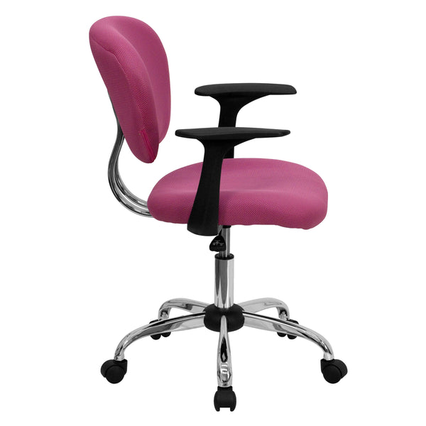 Pink |#| Mid-Back Pink Mesh Padded Swivel Task Office Chair with Chrome Base and Arms