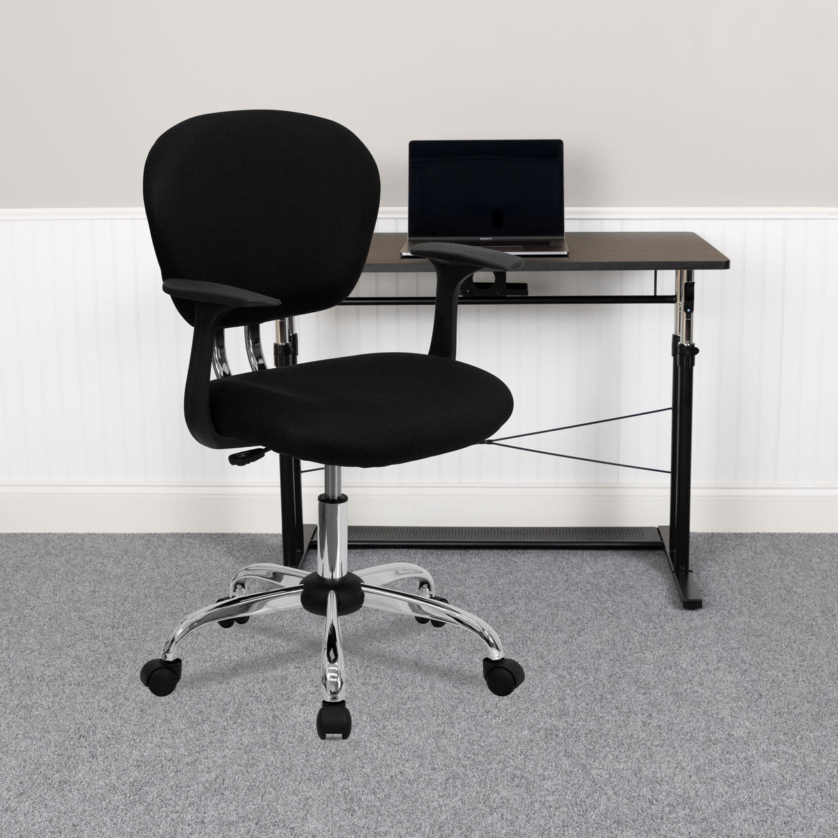 Black |#| Mid-Back Black Mesh Padded Swivel Task Office Chair with Chrome Base and Arms