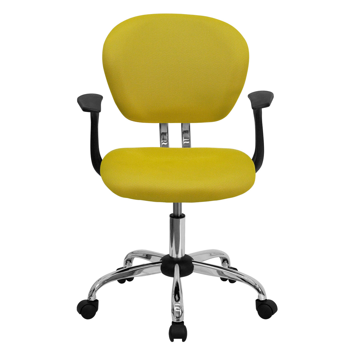 Yellow |#| Mid-Back Yellow Mesh Padded Swivel Task Office Chair with Chrome Base and Arms