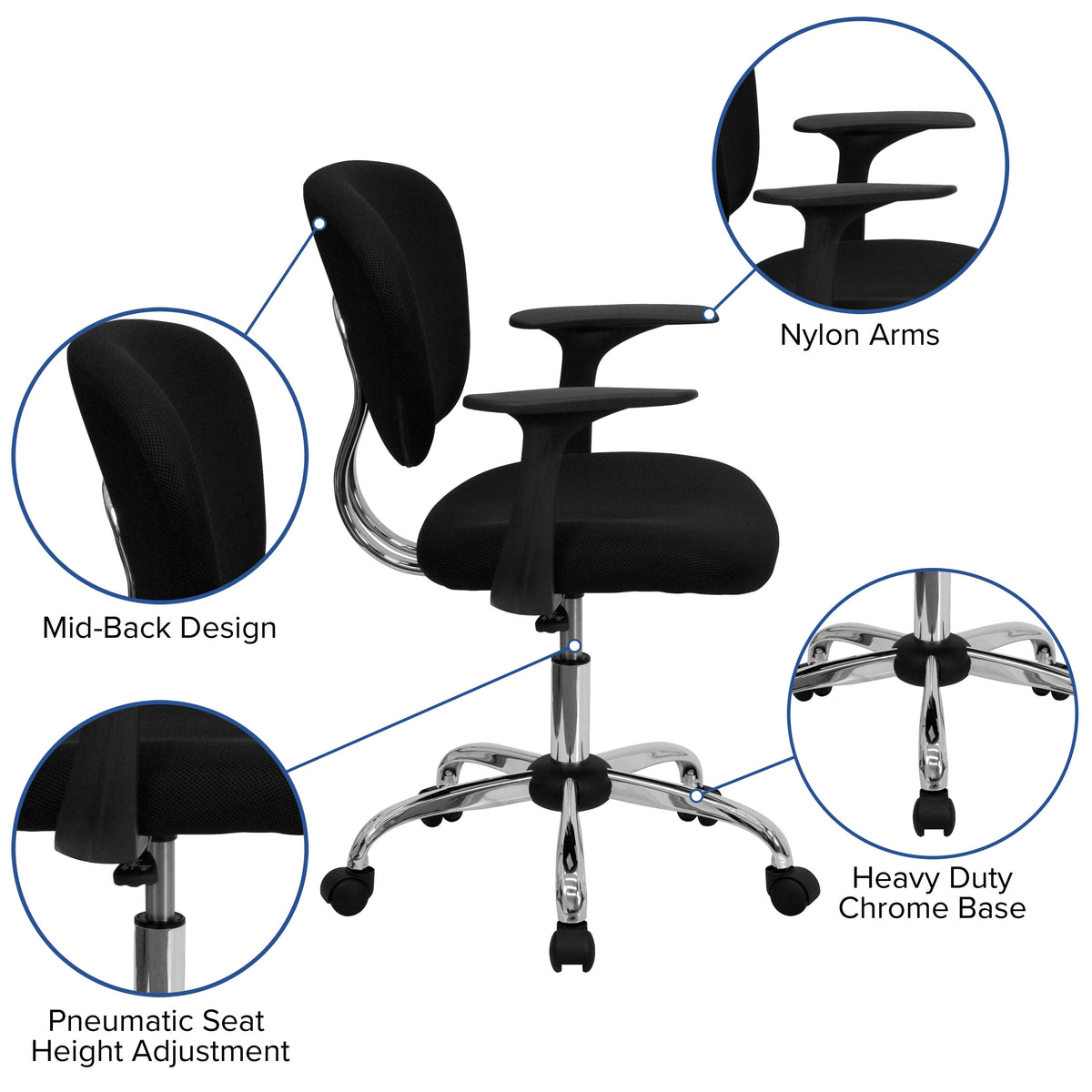 Black |#| Mid-Back Black Mesh Padded Swivel Task Office Chair with Chrome Base and Arms