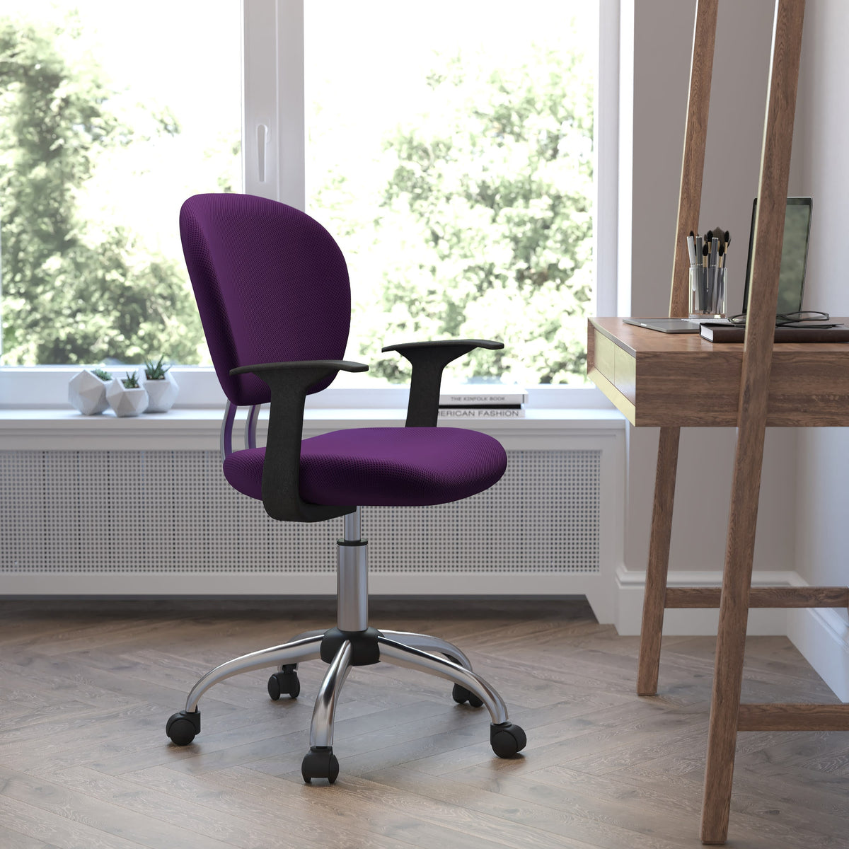 Purple |#| Mid-Back Purple Mesh Padded Swivel Task Office Chair with Chrome Base and Arms