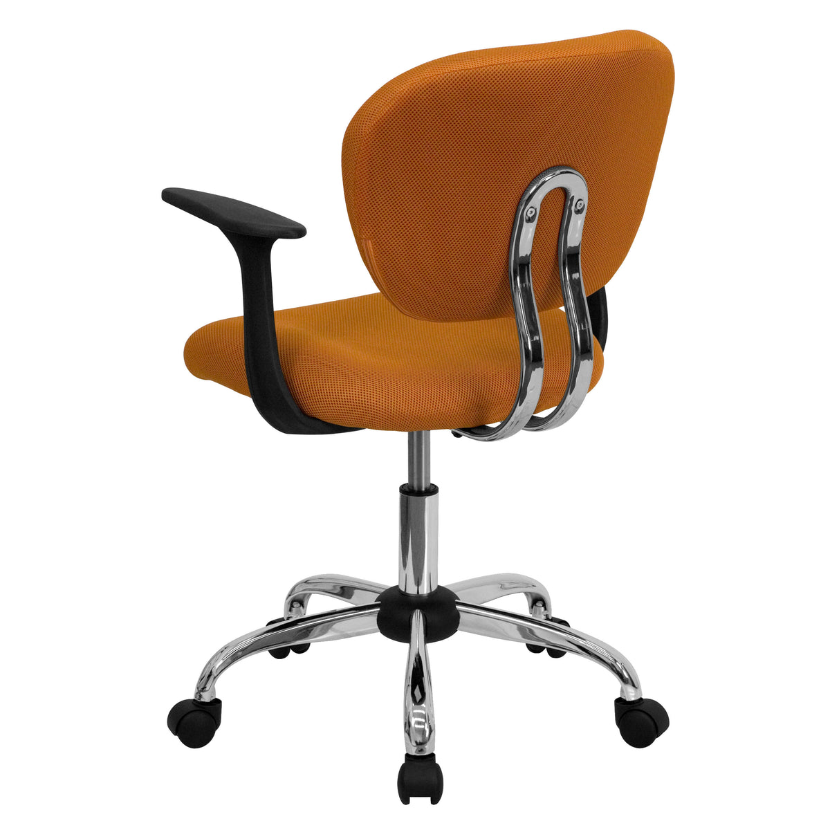 Orange |#| Mid-Back Orange Mesh Padded Swivel Task Office Chair with Chrome Base and Arms