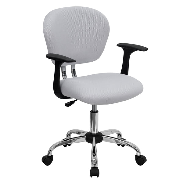 White |#| Mid-Back White Mesh Padded Swivel Task Office Chair with Chrome Base and Arms