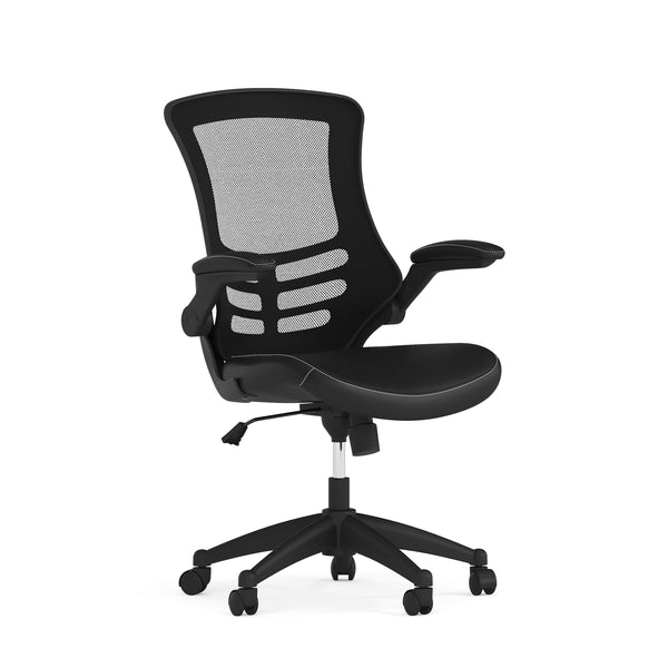 Black Mesh & LeatherSoft/Black Frame |#| Mid-Back Black Mesh Ergonomic Task Chair with LeatherSoft Seat and Flip-Up Arms