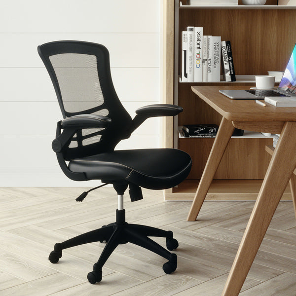 Black Mesh & LeatherSoft/Black Frame |#| Mid-Back Black Mesh Ergonomic Task Chair with LeatherSoft Seat and Flip-Up Arms