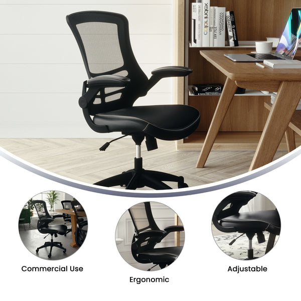 Black Mesh & LeatherSoft/Black Frame |#| Mid-Back Black Mesh Ergonomic Task Chair with LeatherSoft Seat and Flip-Up Arms