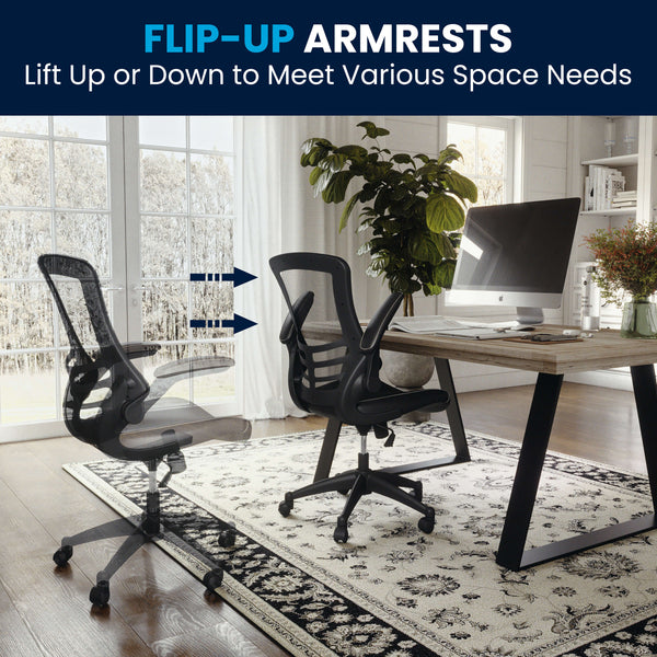 Black Mesh & LeatherSoft/Black Frame |#| Mid-Back Black Mesh Ergonomic Task Chair with LeatherSoft Seat and Flip-Up Arms