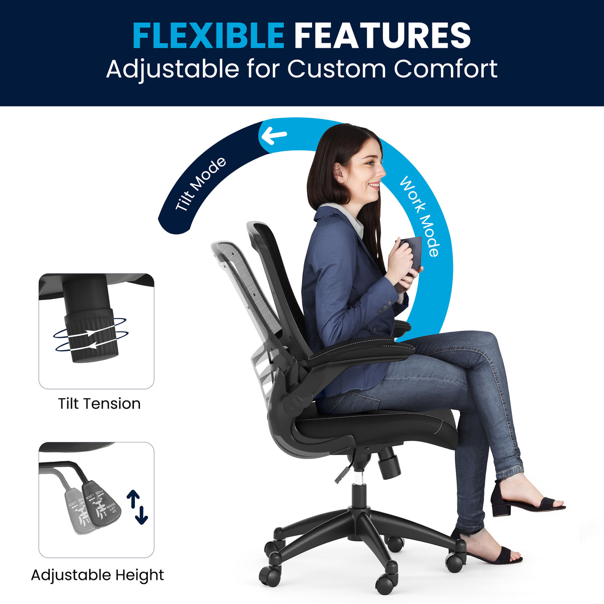 Black Mesh & LeatherSoft/Black Frame |#| Mid-Back Black Mesh Ergonomic Task Chair with LeatherSoft Seat and Flip-Up Arms