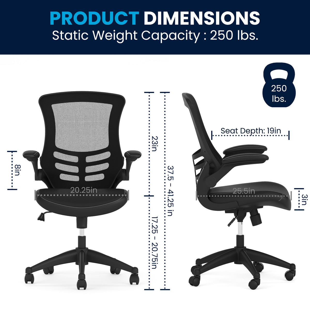 Black Mesh & LeatherSoft/Black Frame |#| Mid-Back Black Mesh Ergonomic Task Chair with LeatherSoft Seat and Flip-Up Arms