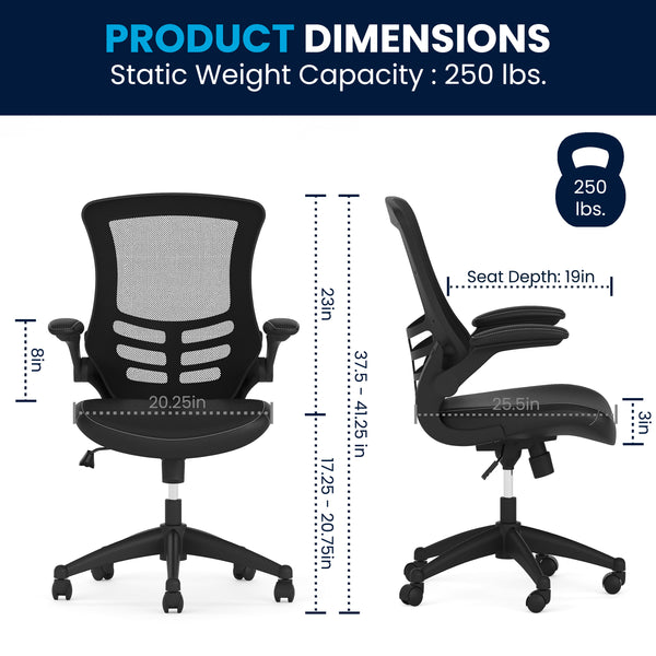 Black Mesh & LeatherSoft/Black Frame |#| Mid-Back Black Mesh Ergonomic Task Chair with LeatherSoft Seat and Flip-Up Arms