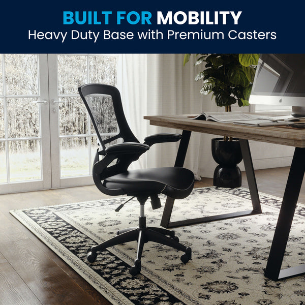 Black Mesh & LeatherSoft/Black Frame |#| Mid-Back Black Mesh Ergonomic Task Chair with LeatherSoft Seat and Flip-Up Arms