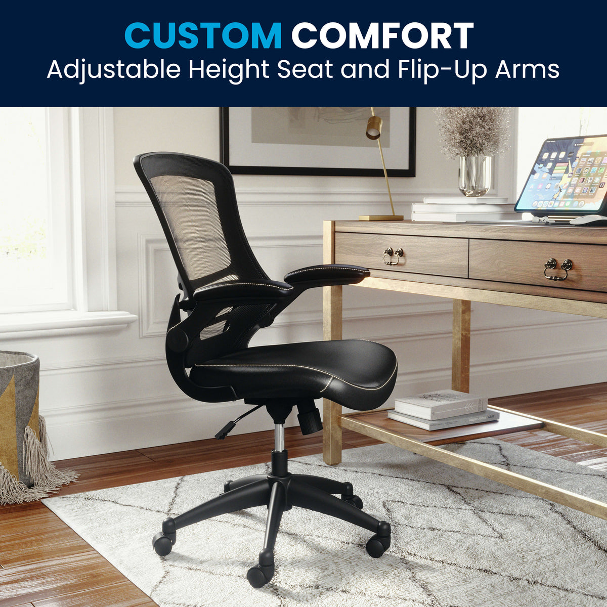 Black Mesh & LeatherSoft/Black Frame |#| Mid-Back Black Mesh Ergonomic Task Chair with LeatherSoft Seat and Flip-Up Arms