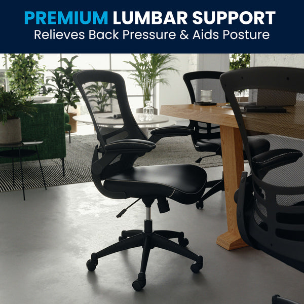 Black Mesh & LeatherSoft/Black Frame |#| Mid-Back Black Mesh Ergonomic Task Chair with LeatherSoft Seat and Flip-Up Arms