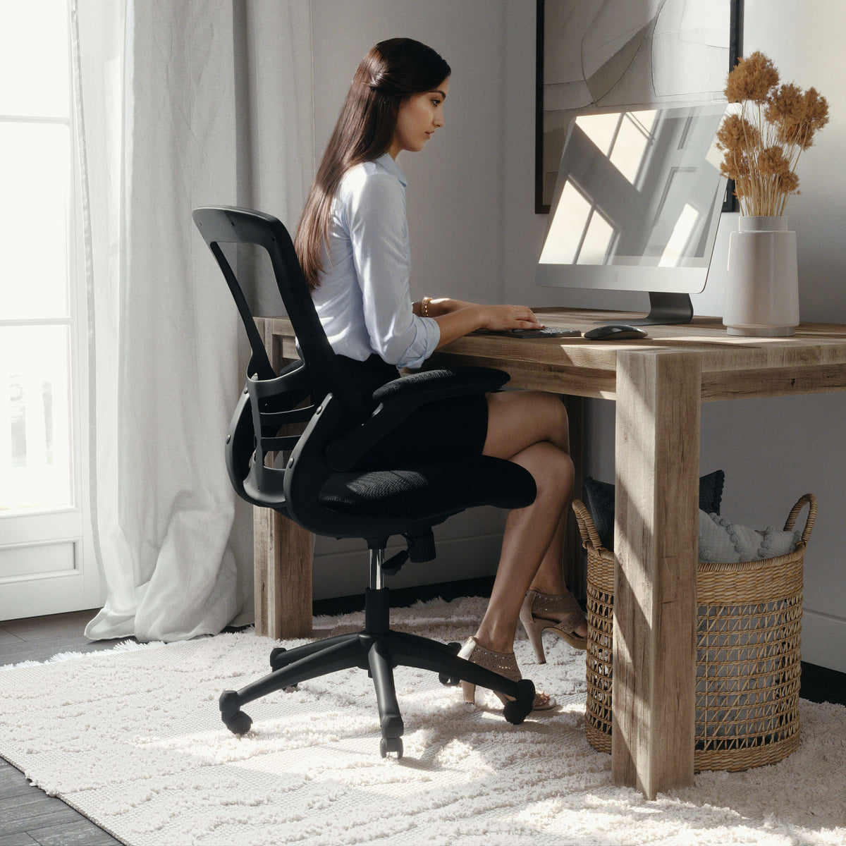Black Mesh/Black Frame |#| Mid-Back Black Mesh Swivel Ergonomic Task Office Chair with Flip-Up Arms