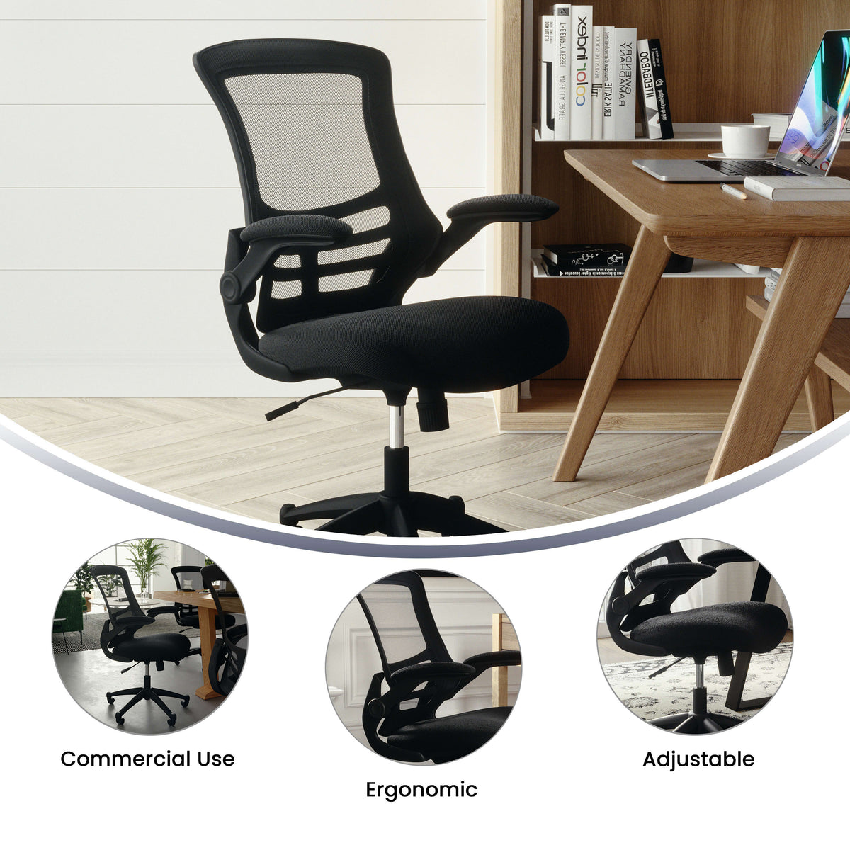 Black Mesh/Black Frame |#| Mid-Back Black Mesh Swivel Ergonomic Task Office Chair with Flip-Up Arms
