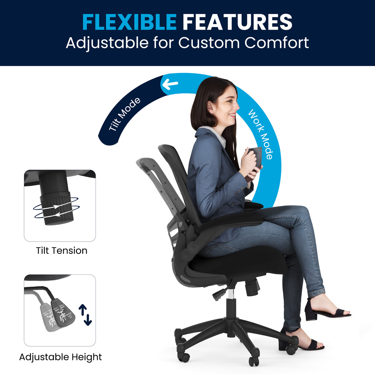 Black Mesh/Black Frame |#| Mid-Back Black Mesh Swivel Ergonomic Task Office Chair with Flip-Up Arms