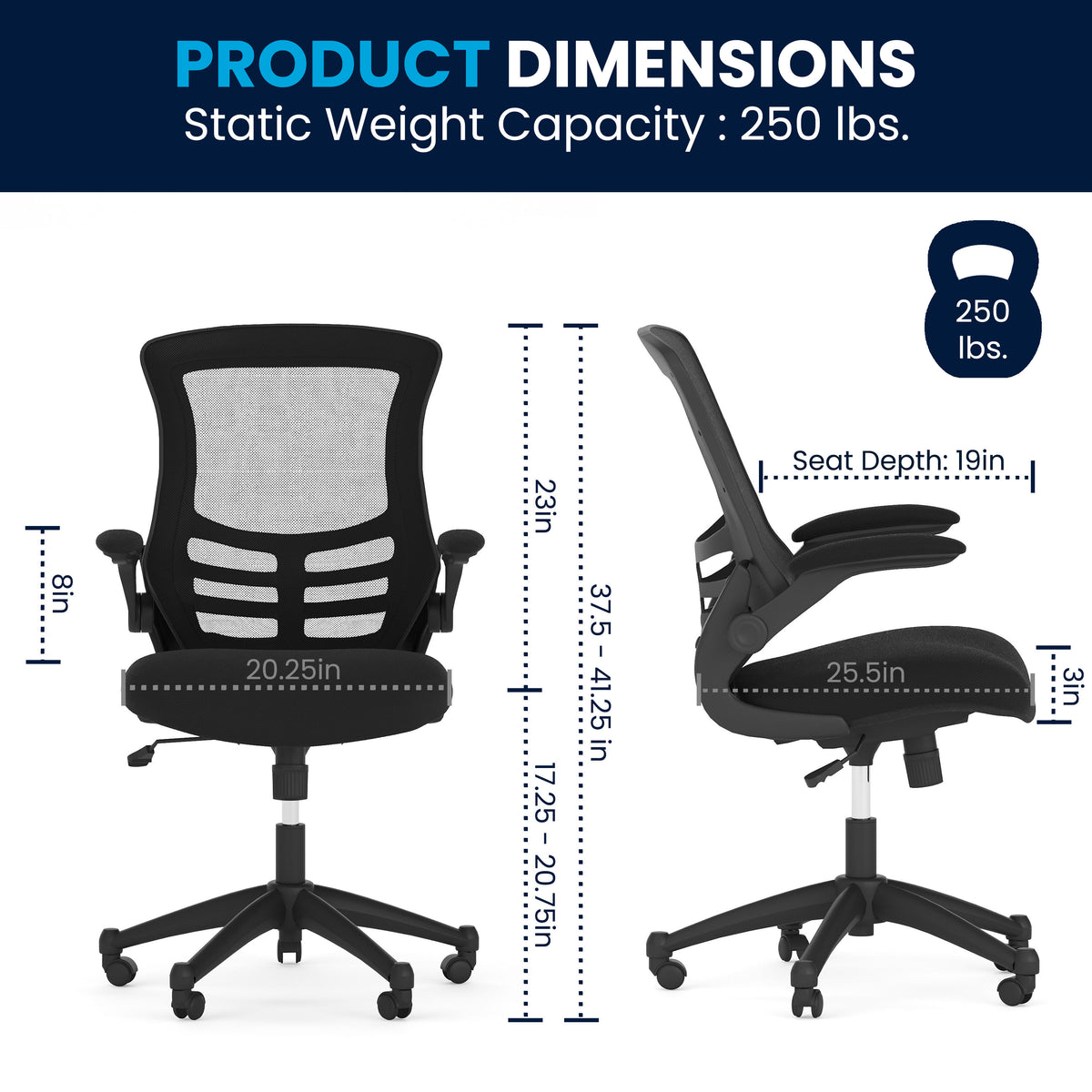 Black Mesh/Black Frame |#| Mid-Back Black Mesh Swivel Ergonomic Task Office Chair with Flip-Up Arms