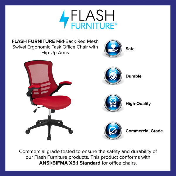 Red Mesh/Black Frame |#| Mid-Back Red Mesh Swivel Ergonomic Task Office Desk Chair with Flip-Up Arms