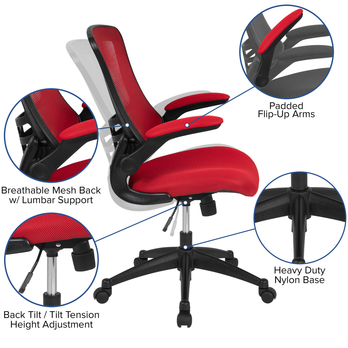 Red Mesh/Black Frame |#| Mid-Back Red Mesh Swivel Ergonomic Task Office Desk Chair with Flip-Up Arms