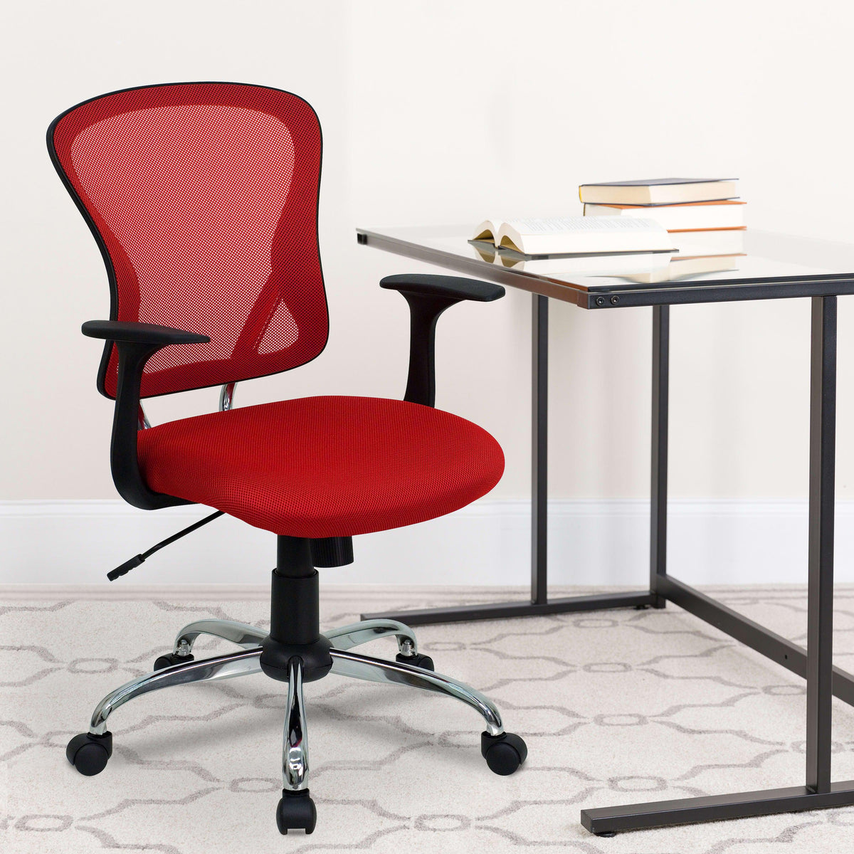 Red |#| Mid-Back Red Mesh Swivel Task Office Chair with Chrome Base and Arms