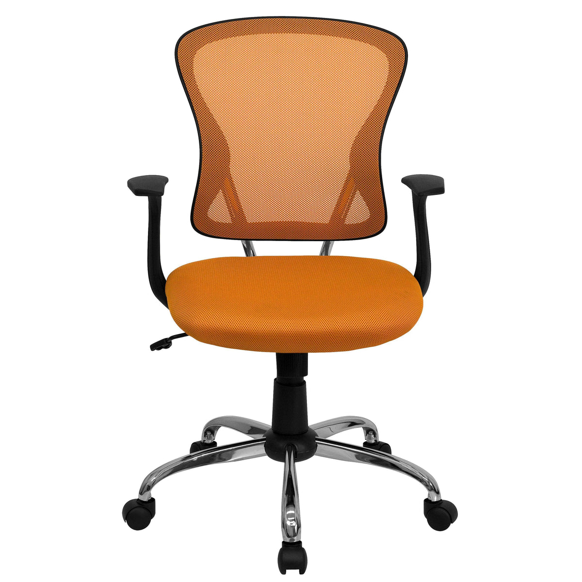 Orange |#| Mid-Back Orange Mesh Swivel Task Office Chair with Chrome Base and Arms