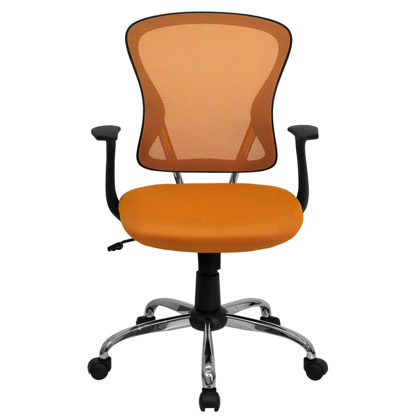 Orange |#| Mid-Back Orange Mesh Swivel Task Office Chair with Chrome Base and Arms