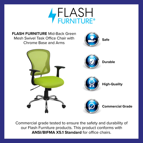 Green |#| Mid-Back Green Mesh Swivel Task Office Chair with Chrome Base and Arms