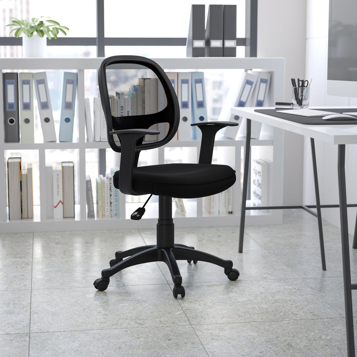 Mid-Back Black Mesh Swivel Task Office Chair with T-Arms - Desk Chair