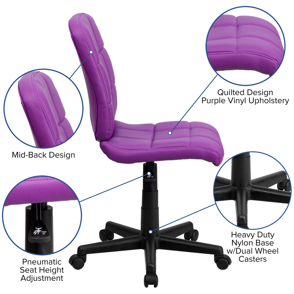 Purple |#| Mid-Back Purple Quilted Vinyl Swivel Task Office Chair - Home Office Chair